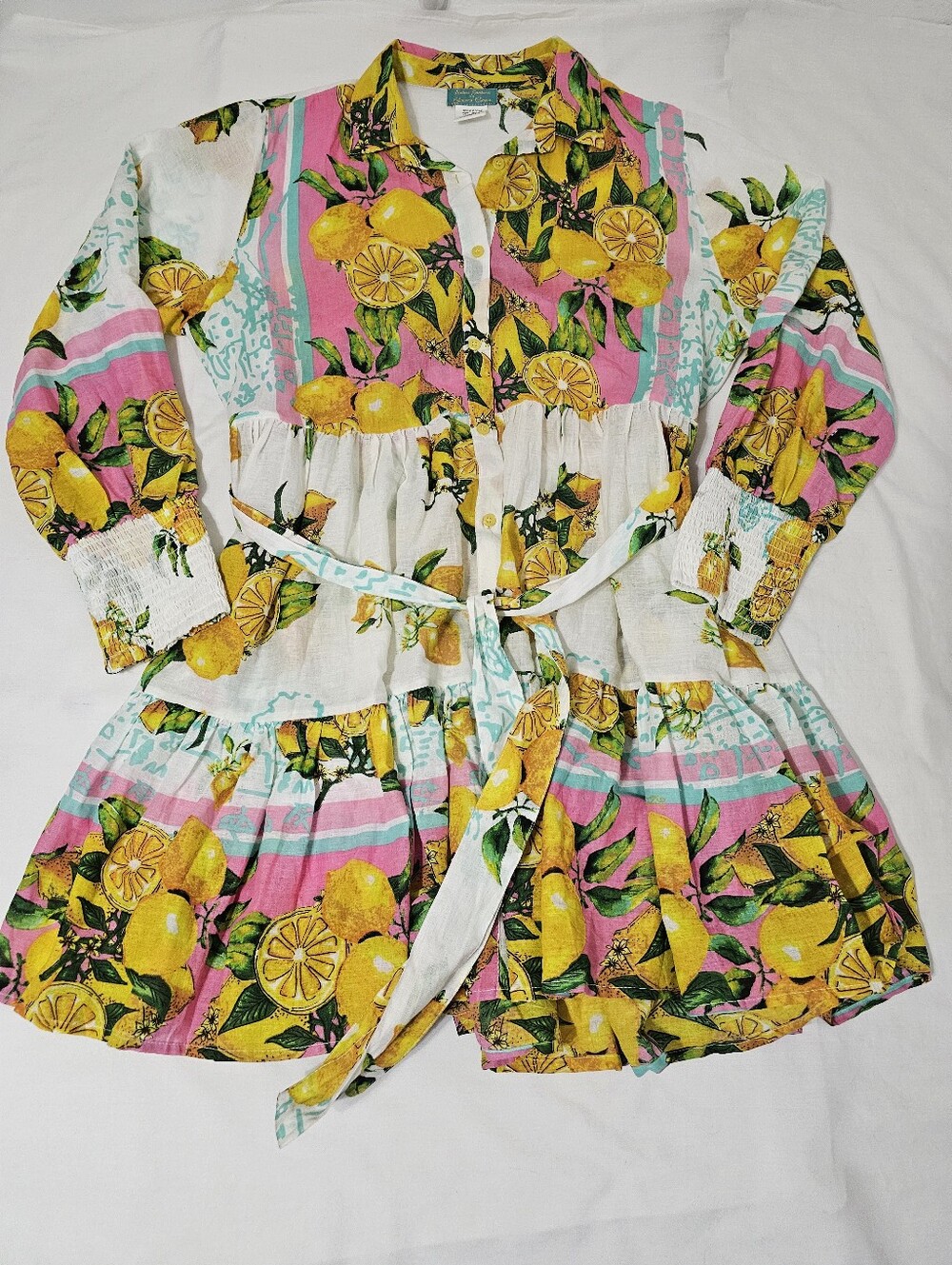 Amira Santorini Lemon Grove Tiered Mini Dress One Size 100% Cotton Mediterranean - Picture 4 of 8